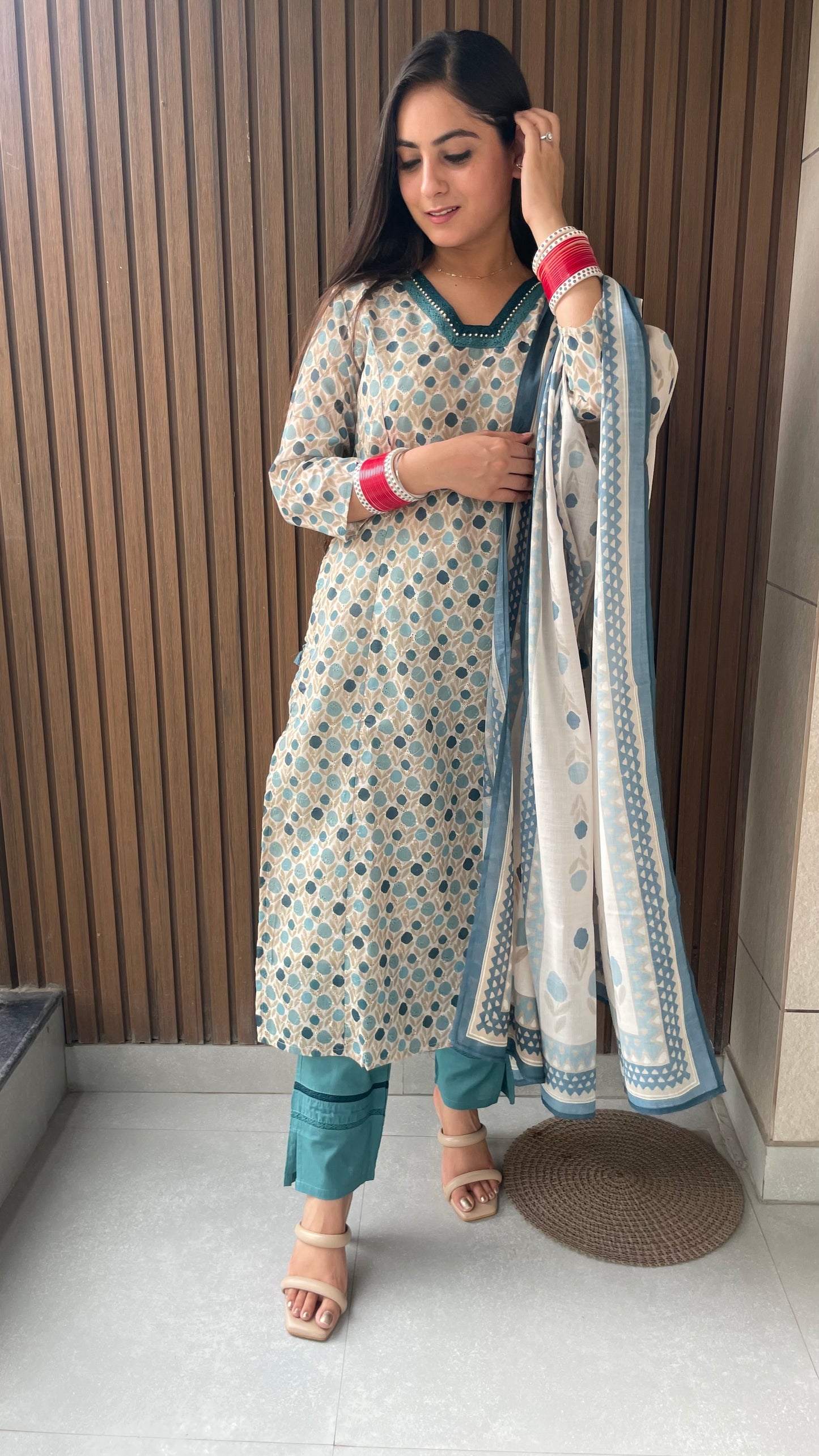 Diya Beige Schiffli Suit