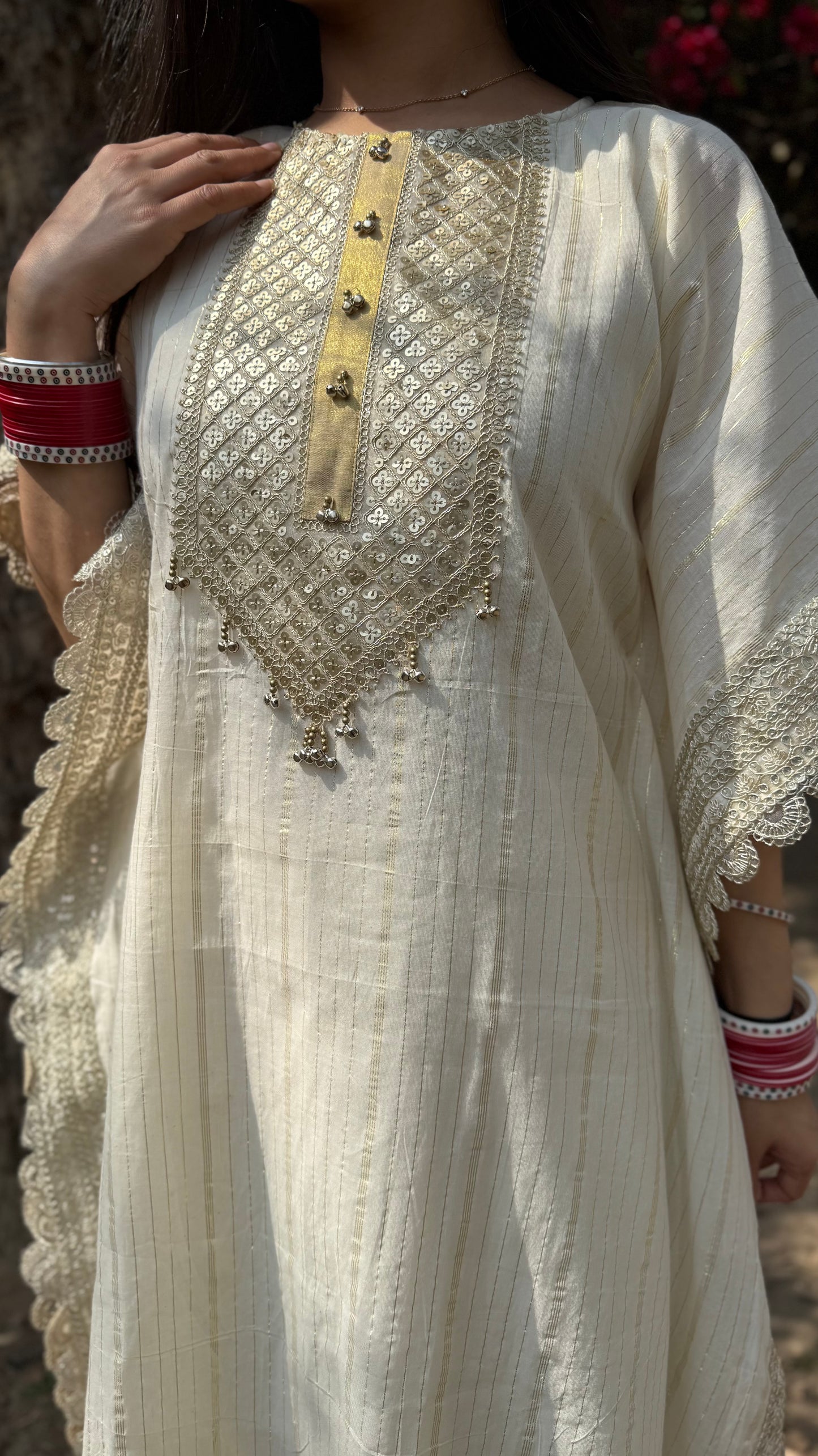 Noor Cream Embroidered Kaftan Set