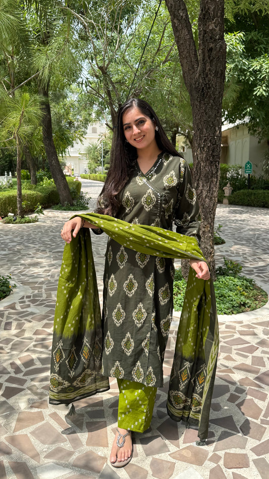 Ikkat Green Wrap-Style Suit Set