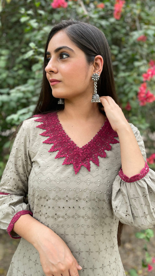 Olive Wine Schiffli Coord Set