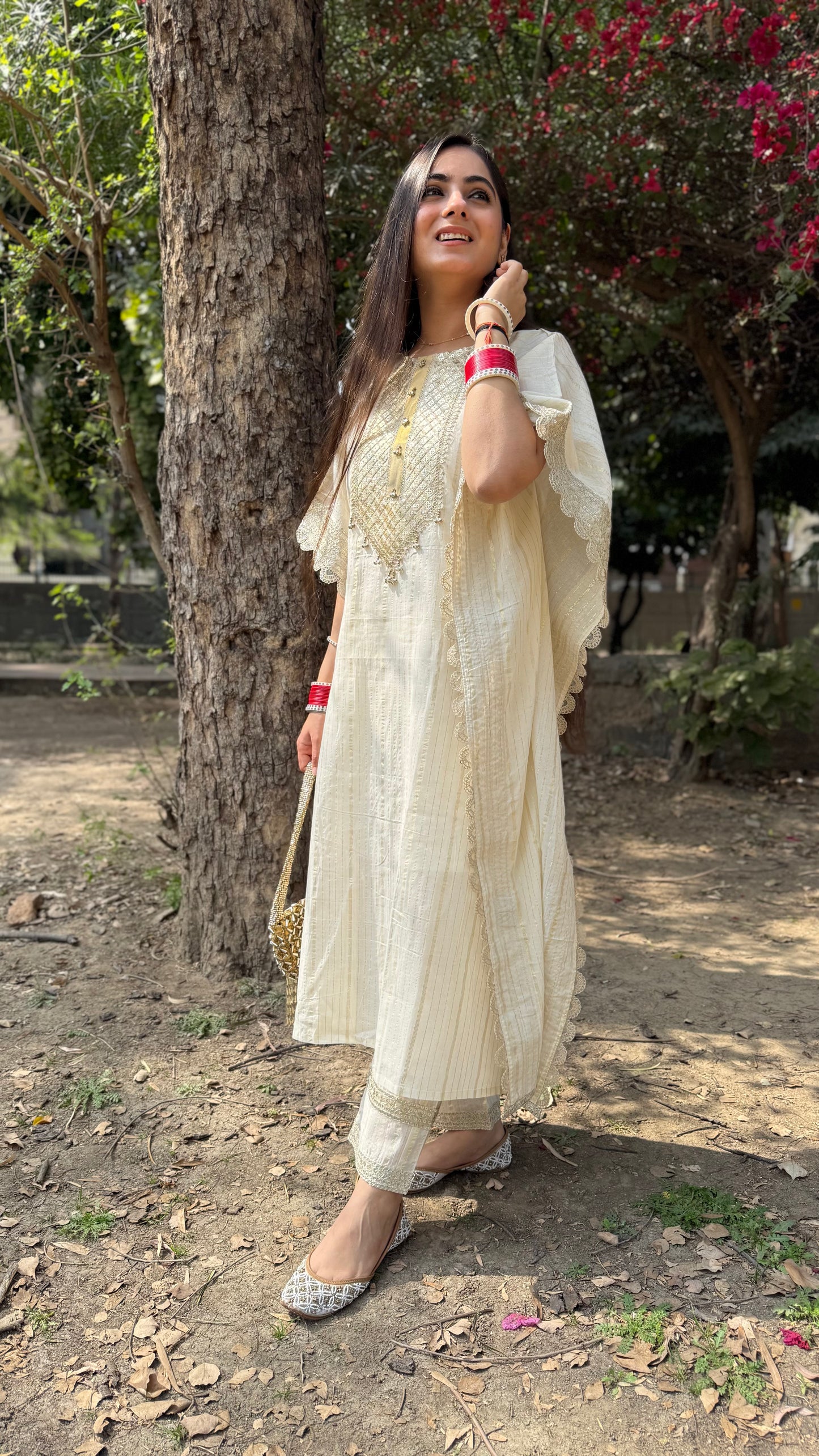 Noor Cream Embroidered Kaftan Set