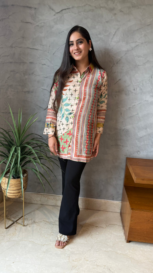 Beige Multi-Print Long Top