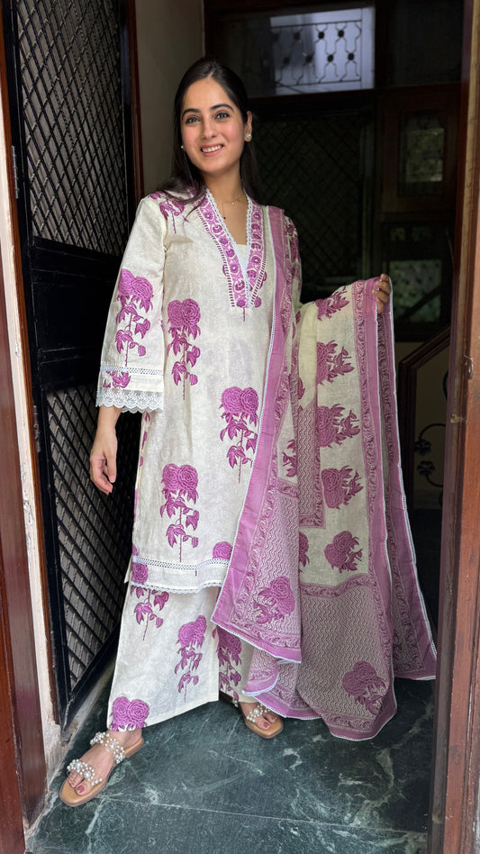 Ruhi Cream Lilac Lace Suit