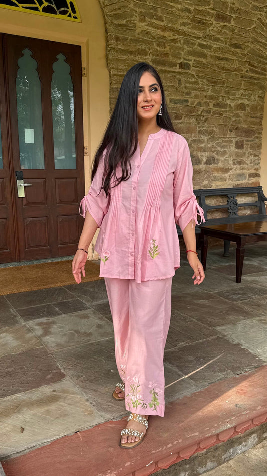 Pink Pintuck Embroidered Co-ord Set