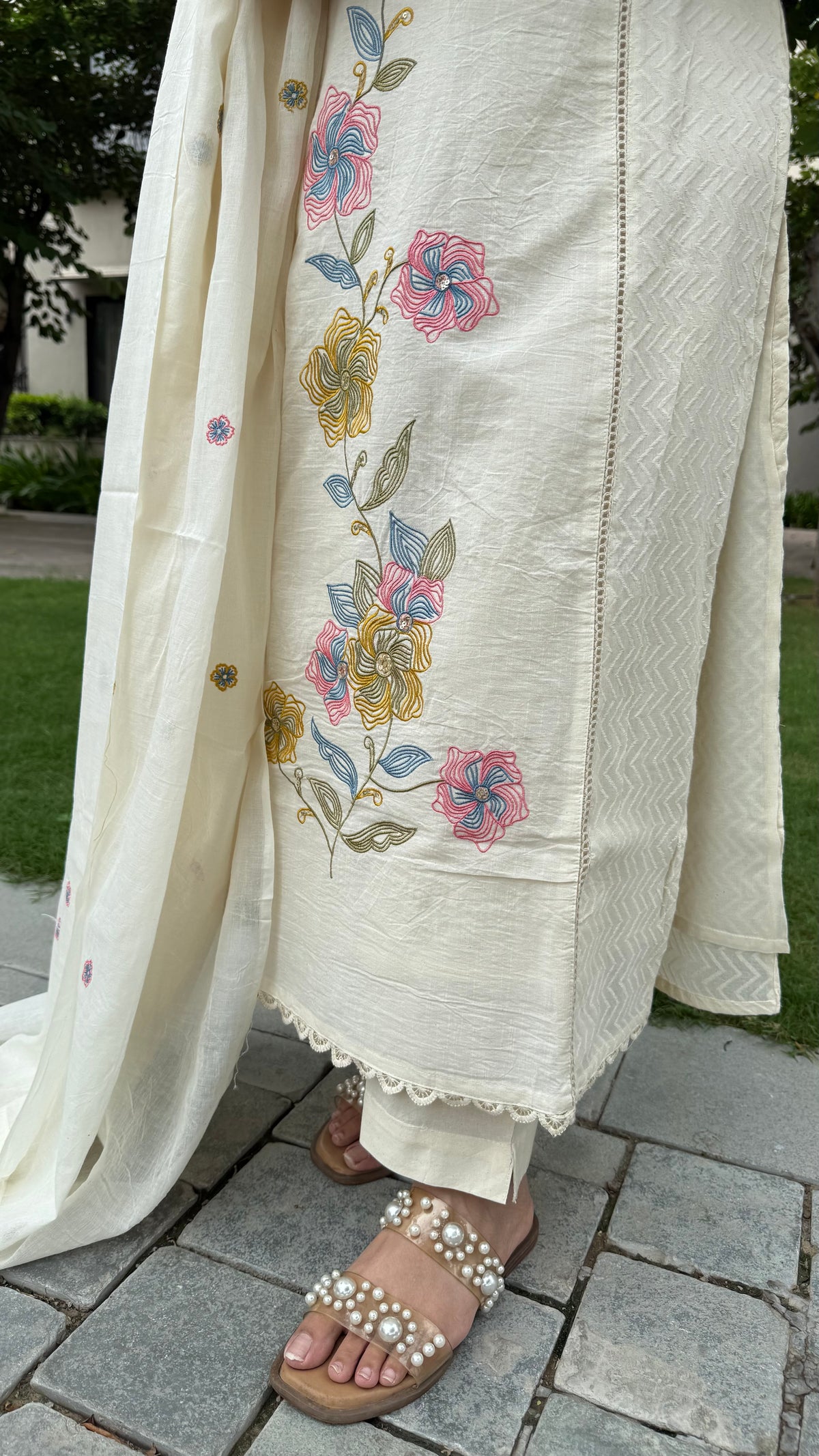 Saira Ivory Floral Embroidered Suit