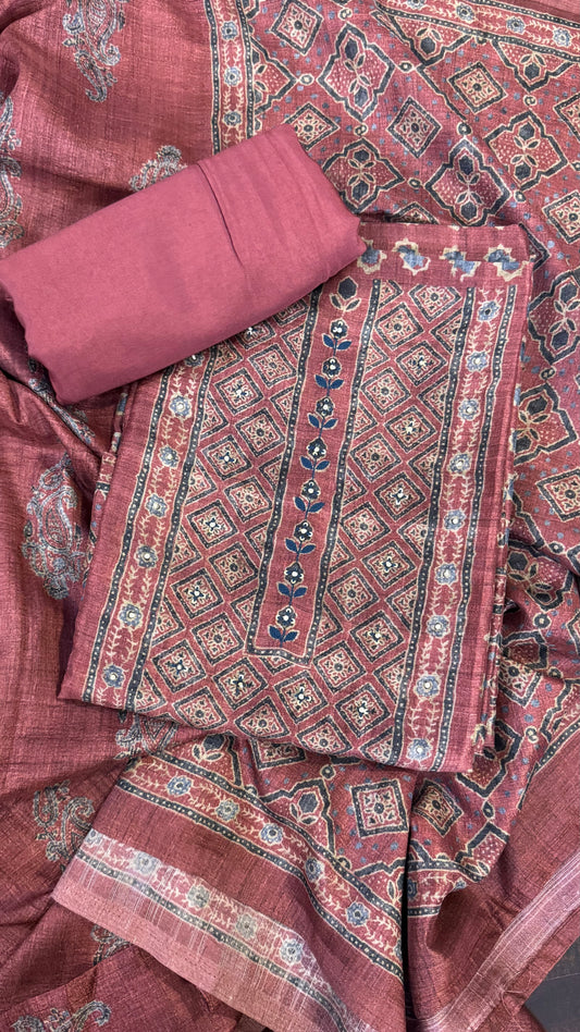 Noor Pink Ajrakh Print Unstitched Suit