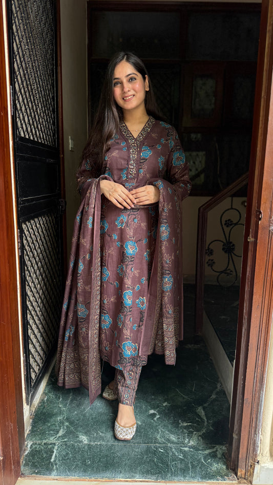 Rooh Coffee Brown Cotton Suit