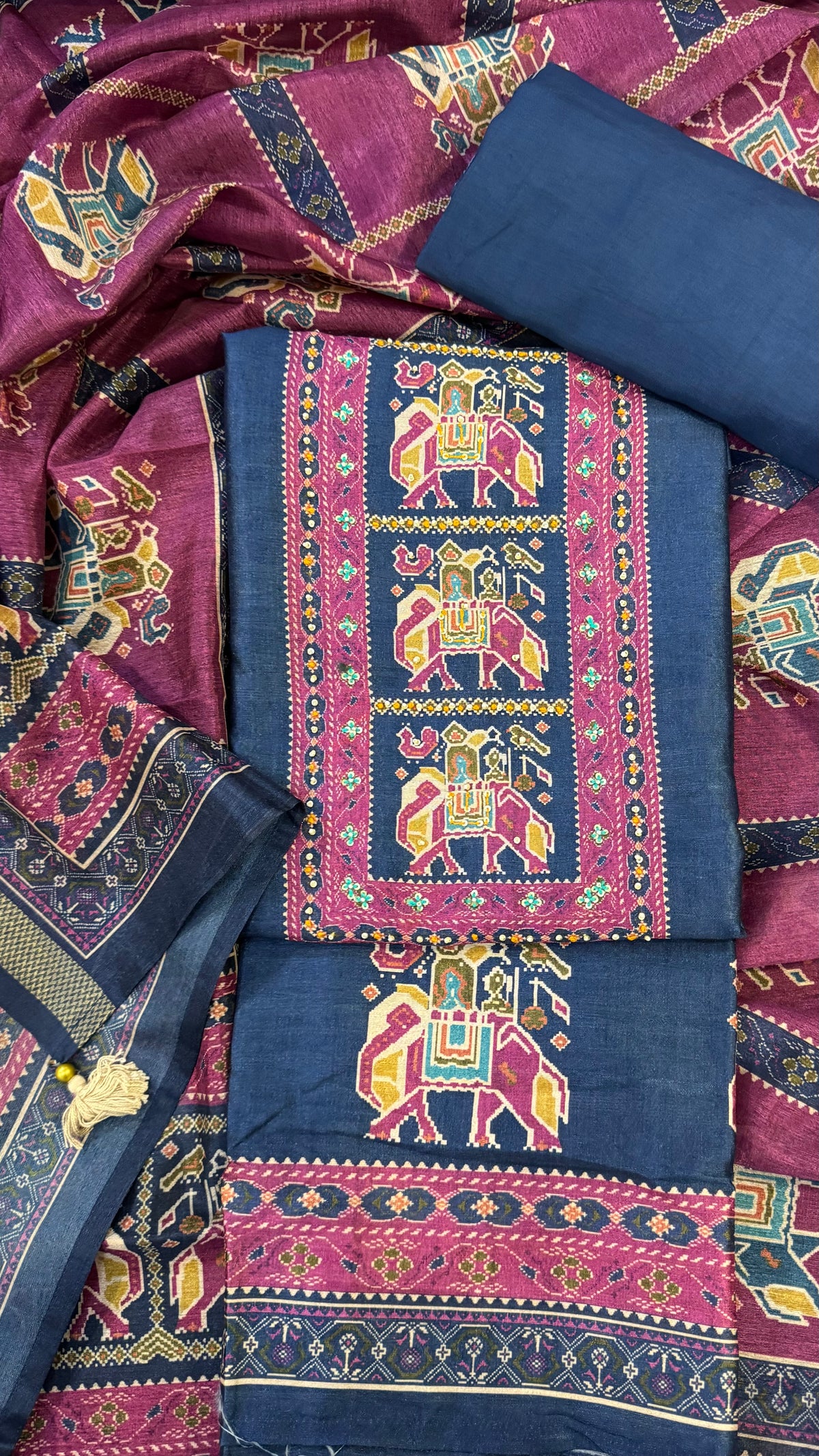 Anika Navy Motif Unstitched Suit