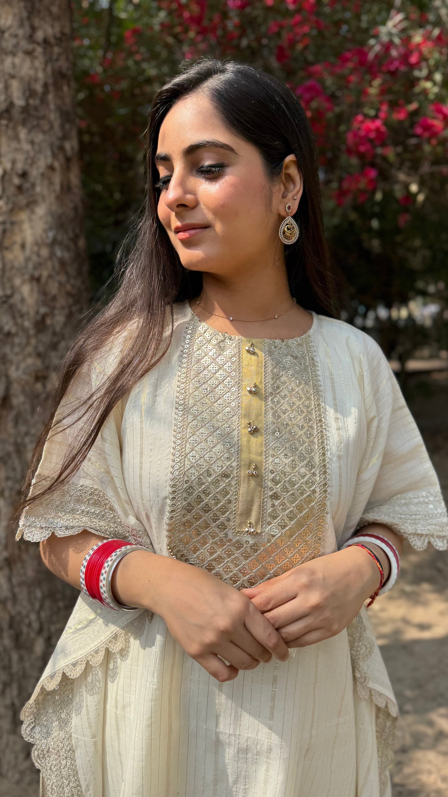 Noor Cream Embroidered Kaftan Set