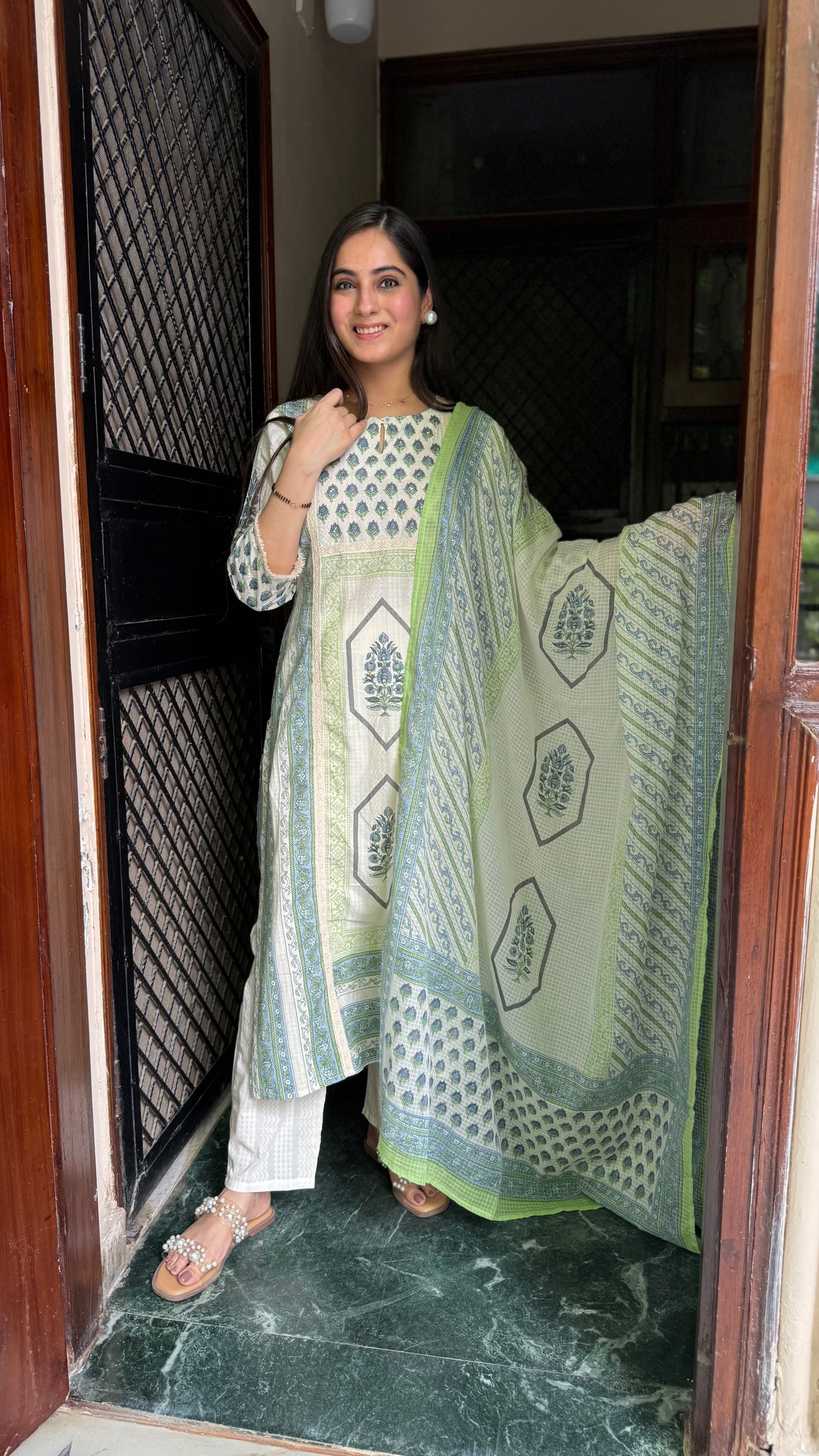 Meena Cream Blue Cotton Suit