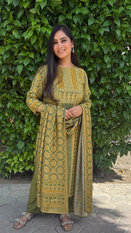 Olivia Olive Ethnic Print Suit