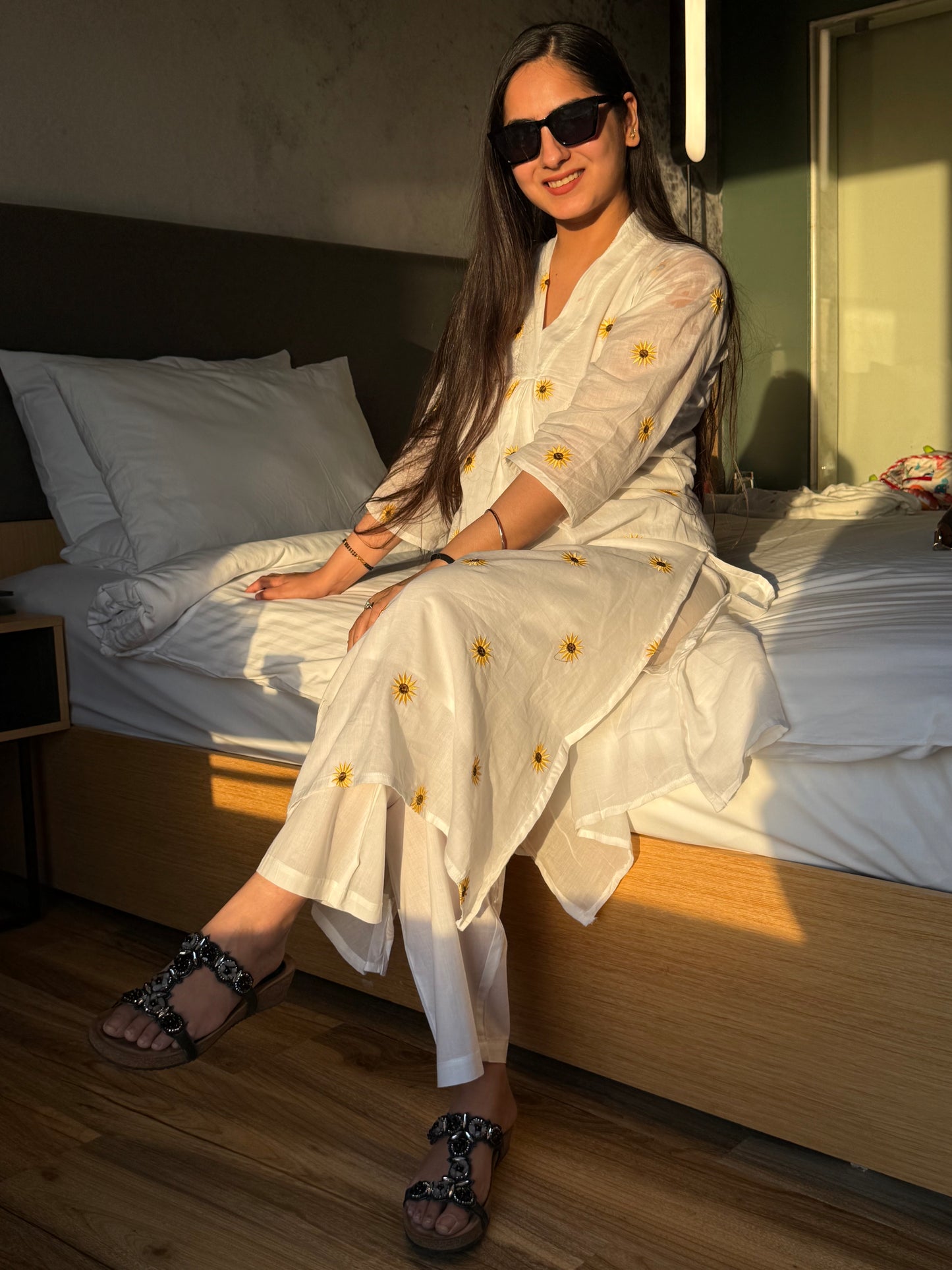 Sunflower White Mul Coord Set