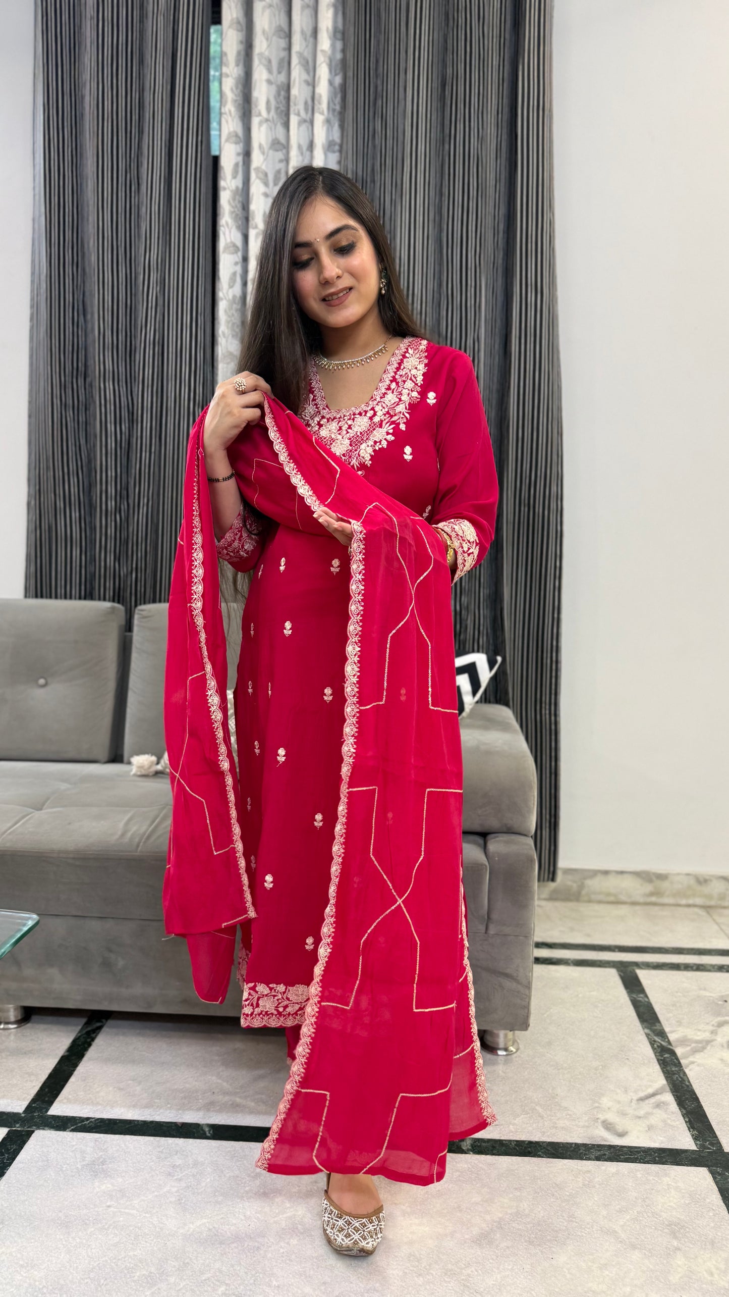 Latika Ruby Red Embroidered Suit
