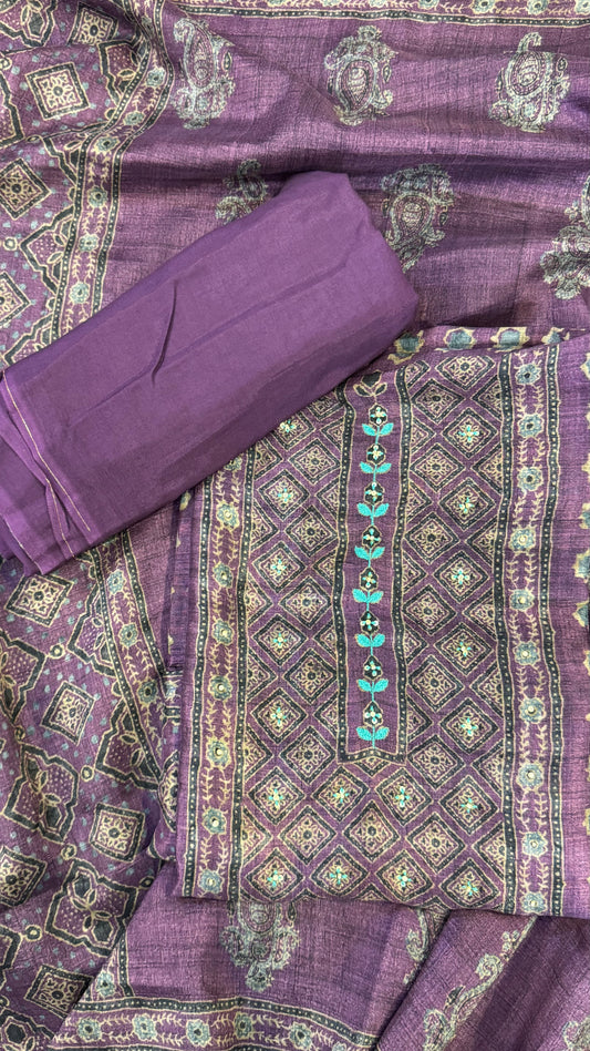 Noor Purple Ajrakh Print Unstitched Suit