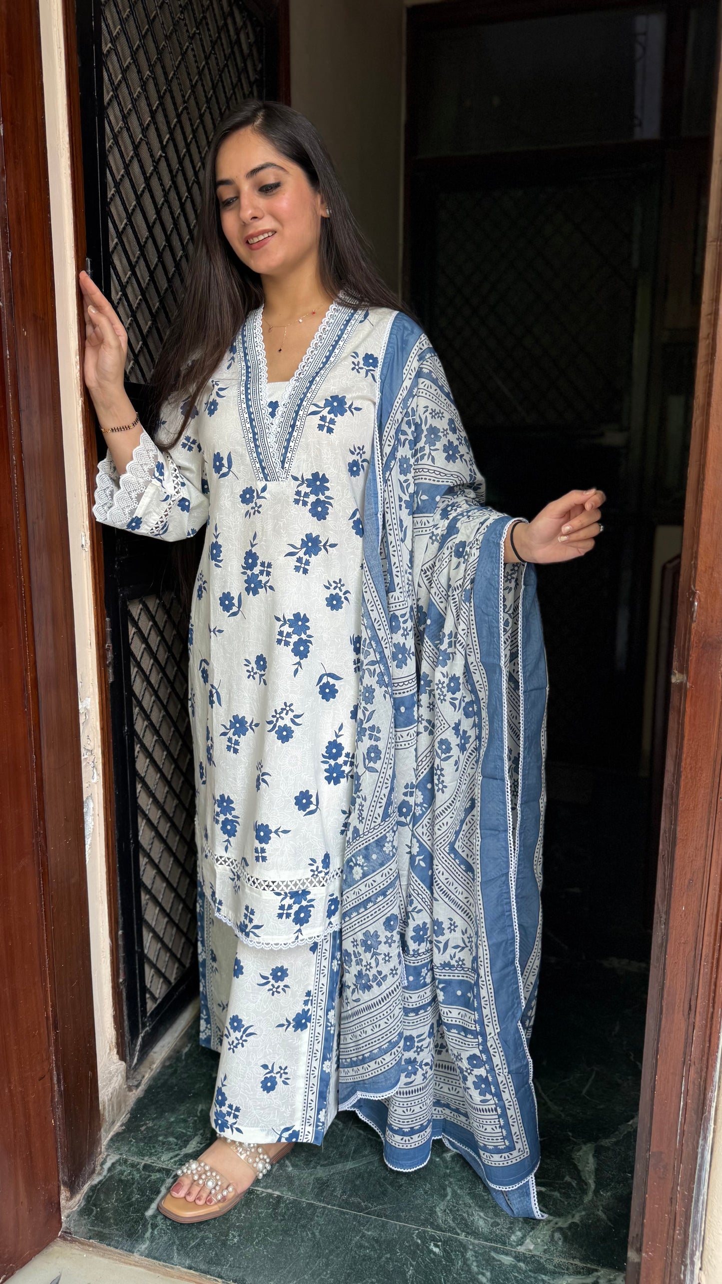 Shivani White Blue Palazzo Suit