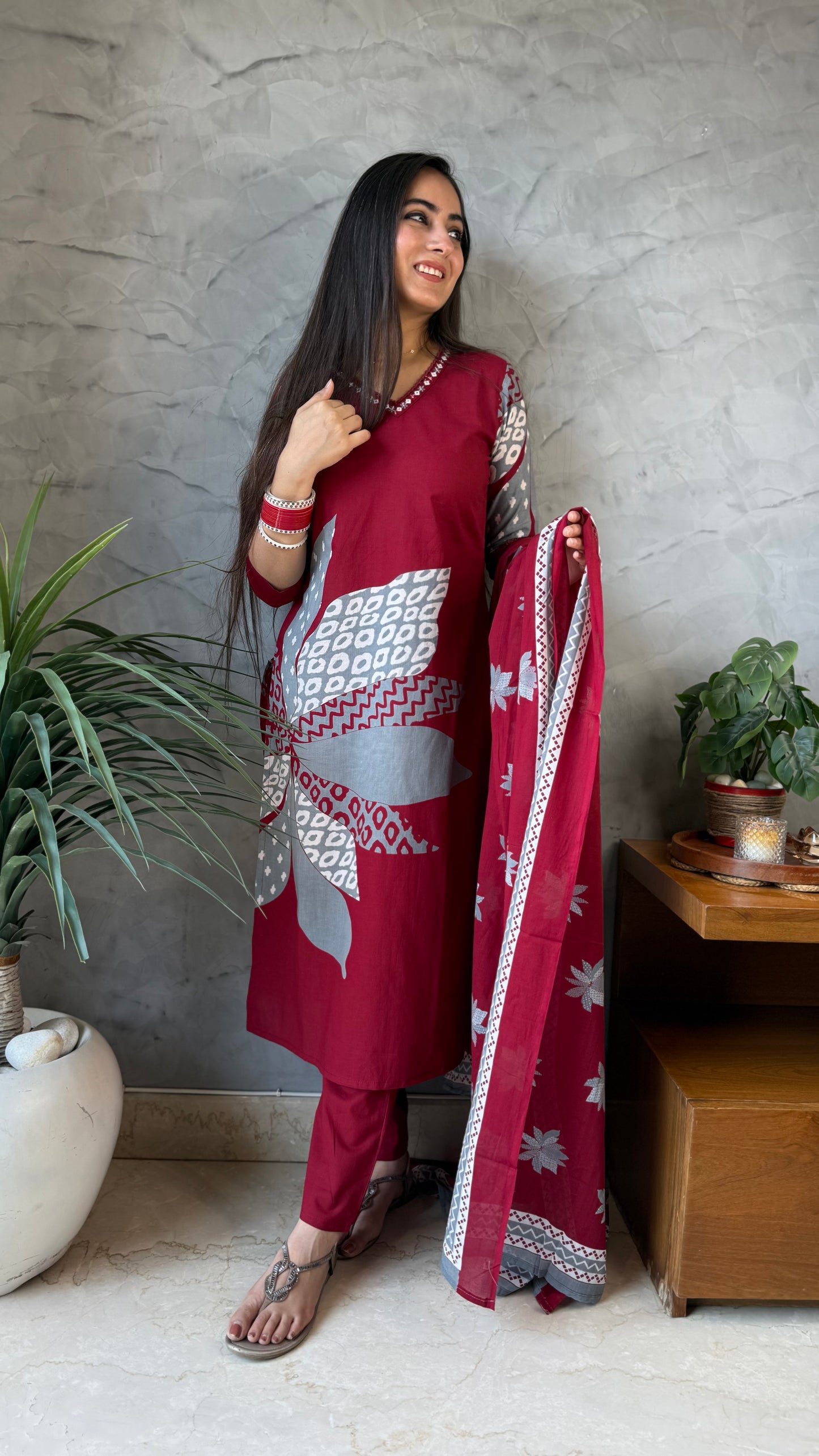 Archana Maroon Grey Printed Suit
