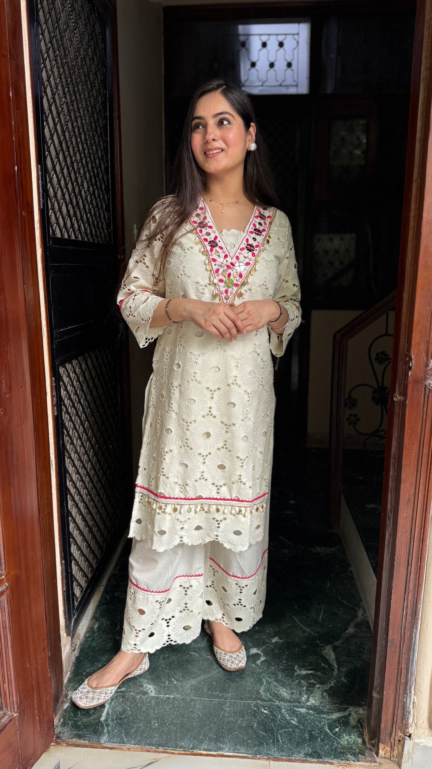 Mehak Cream Schiffli Coord Set