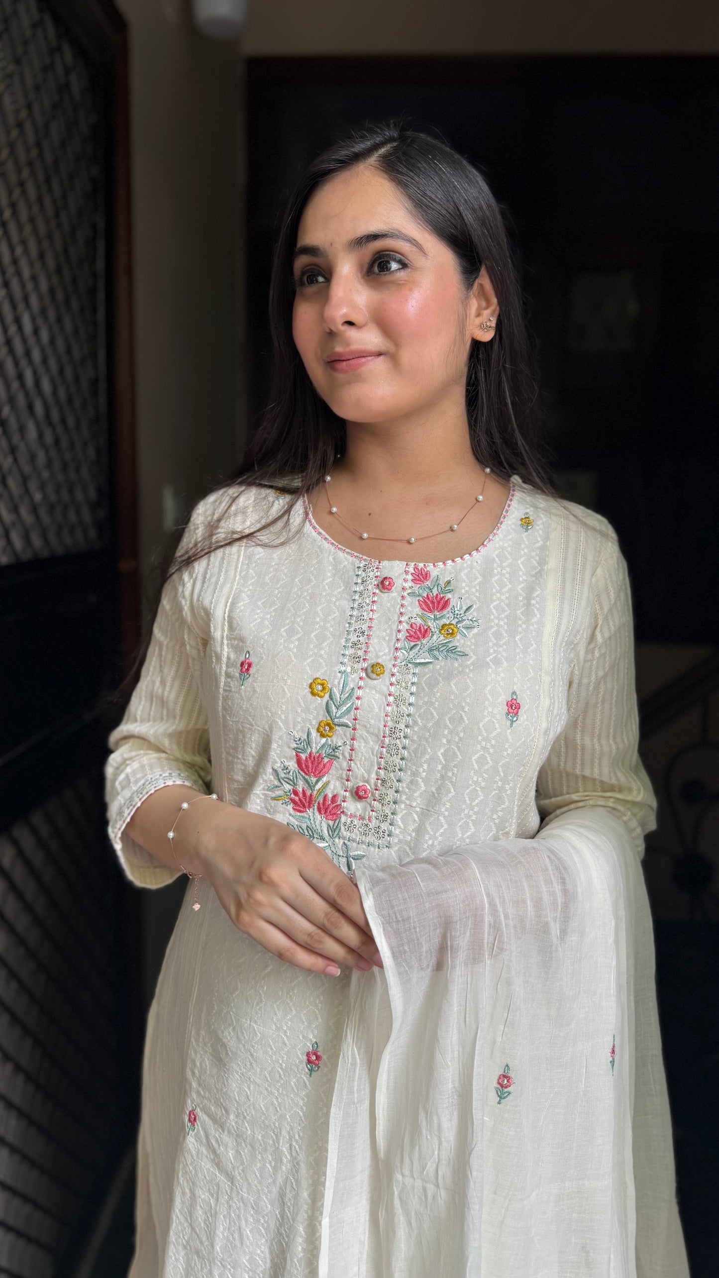 Ruhi Cream Schiffli Suit