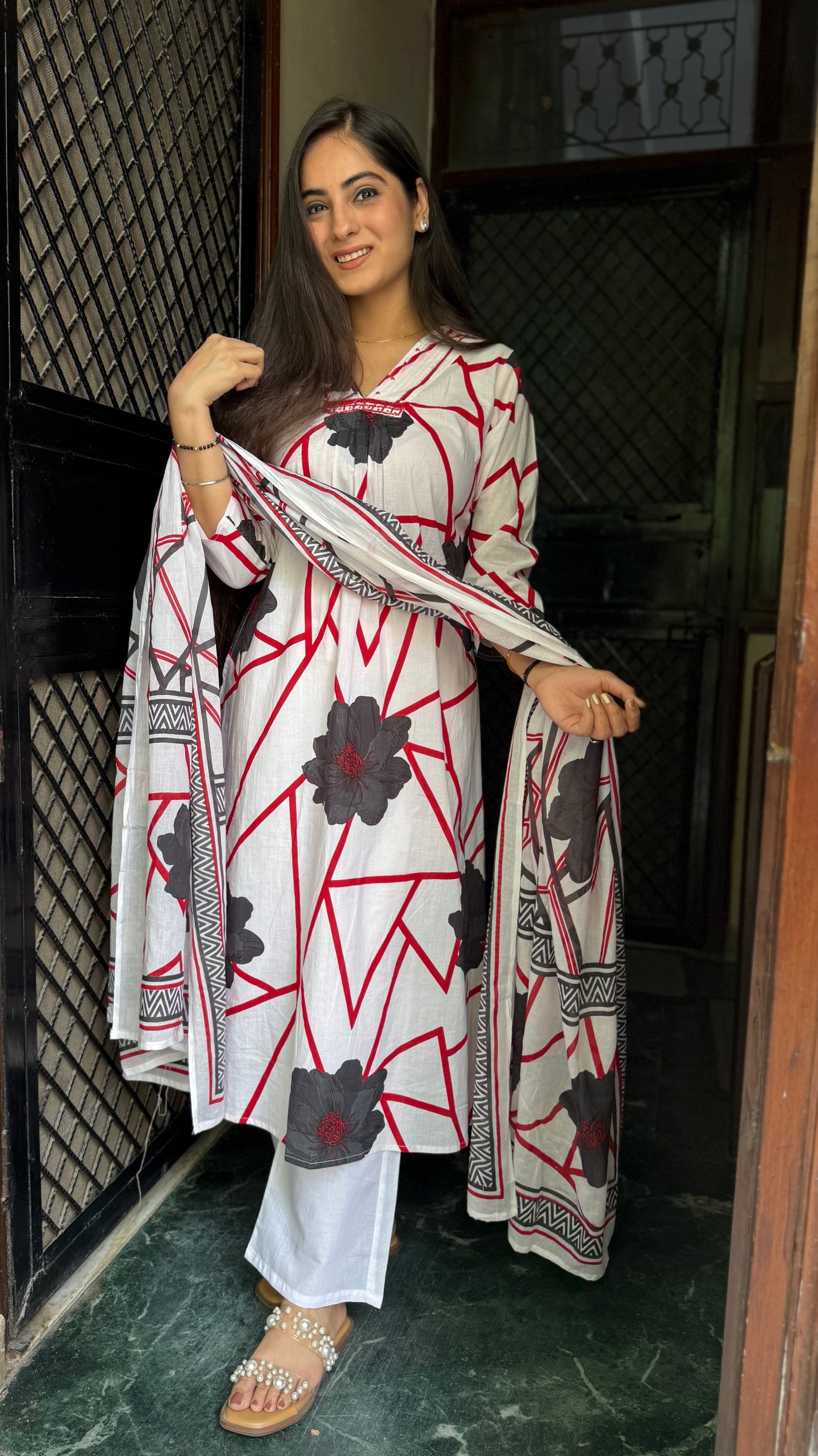 Tanya Red White A-Line Suit