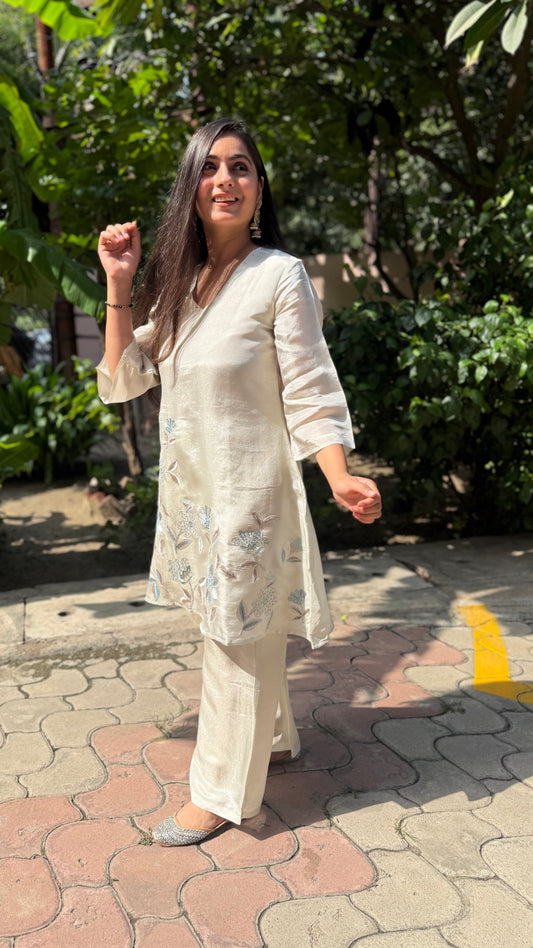 Mysha Off-White Floral Embroidered Coord Set