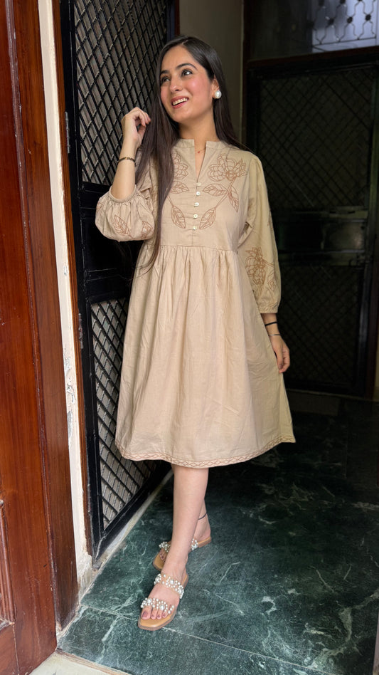 Jaanvi Beige Embroidered Dress