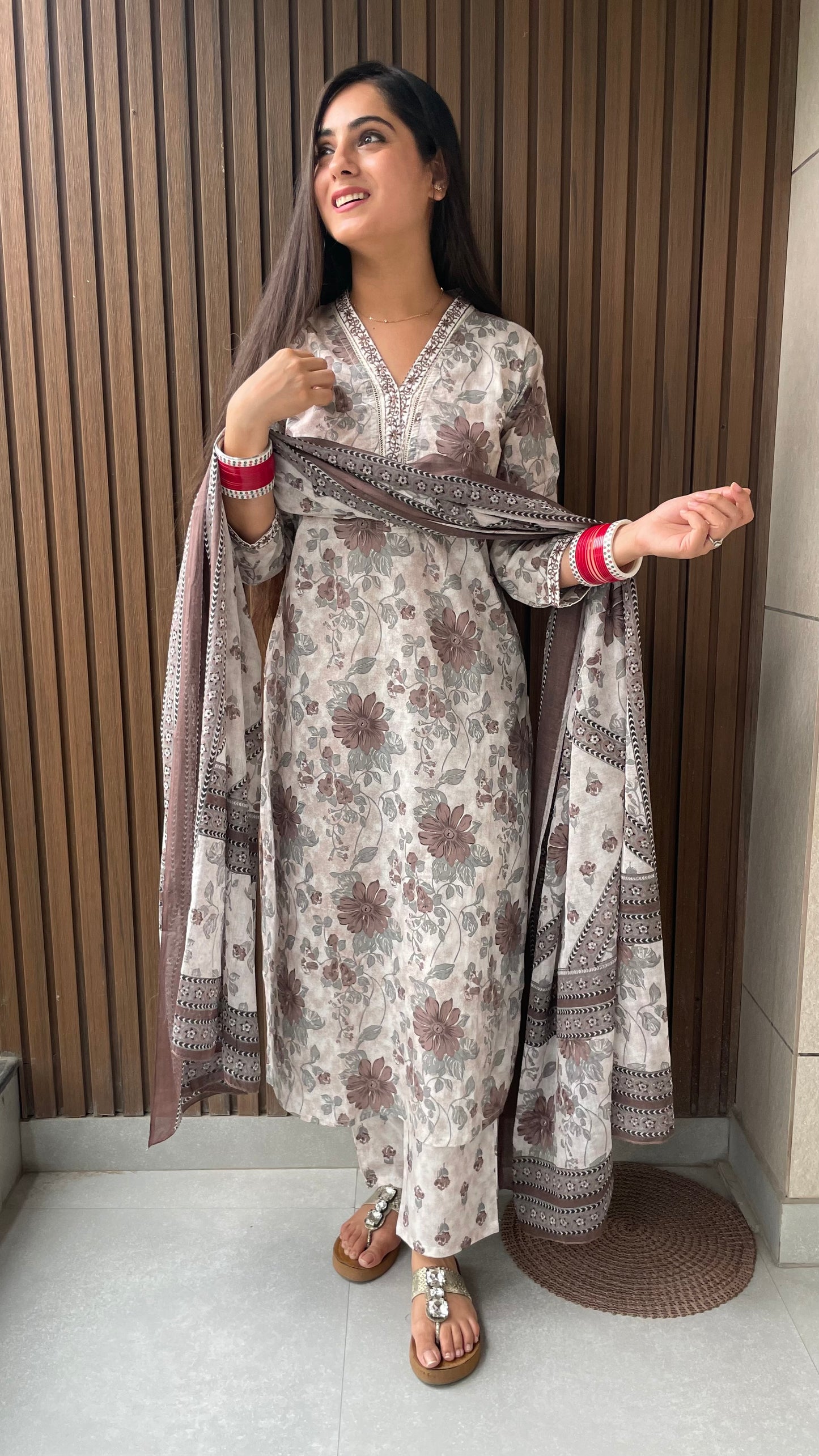 Deepika Brown Grey Floral Suit