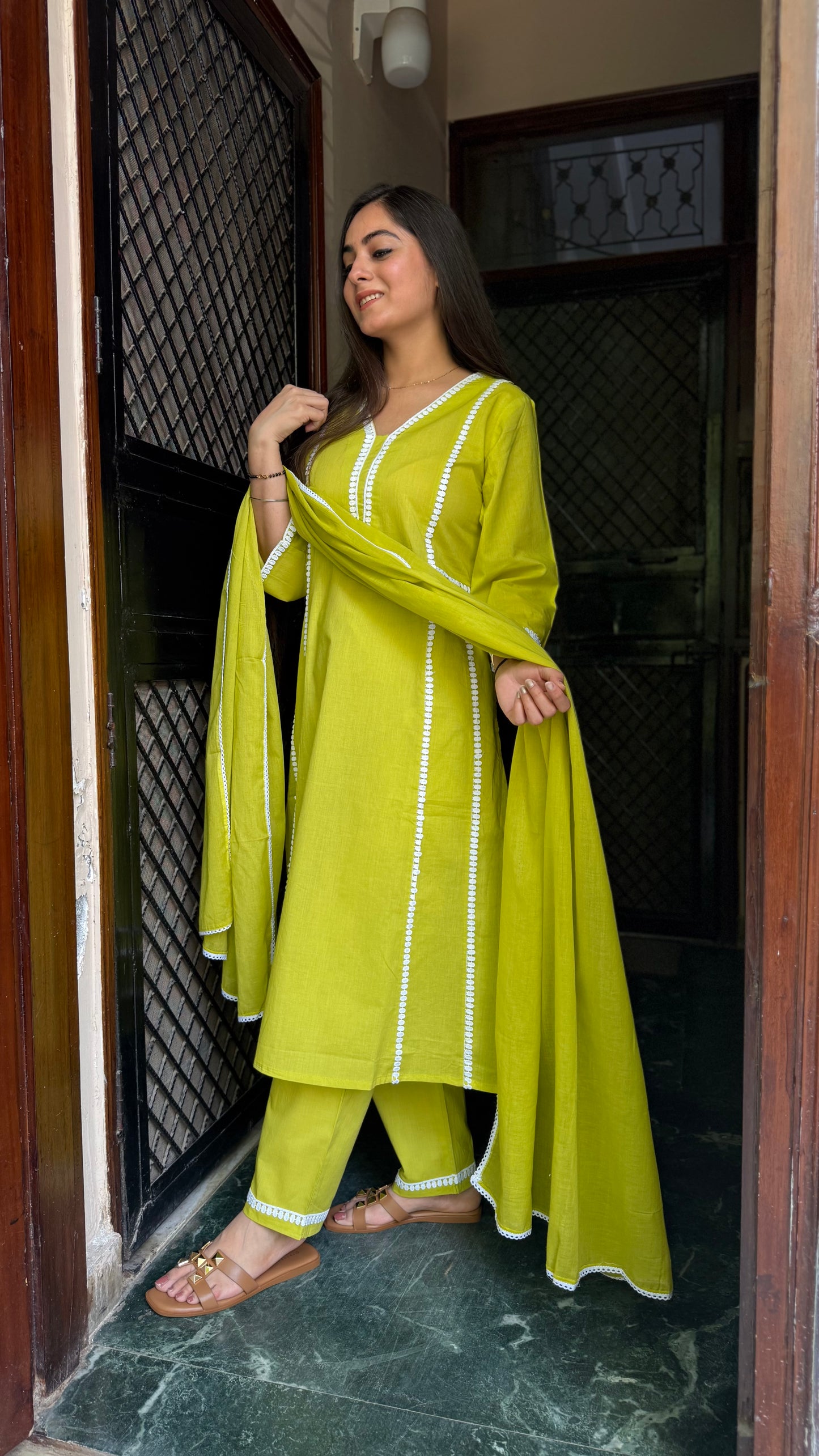 Swati Lime Green Lace Suit