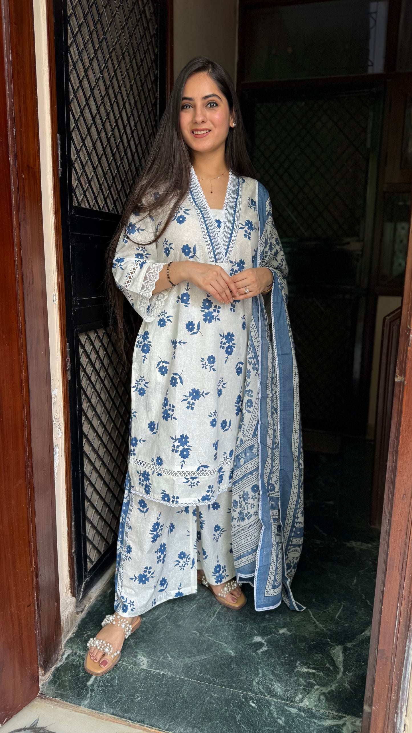 Shivani White Blue Palazzo Suit