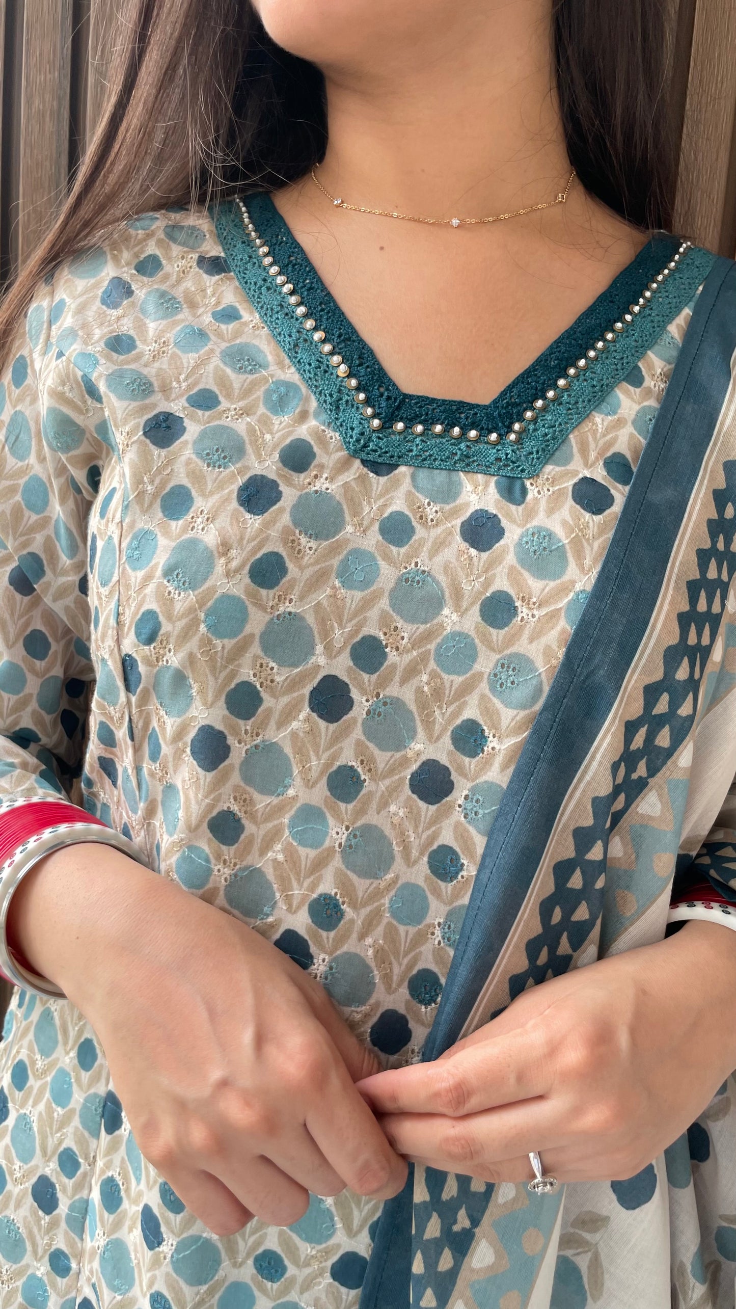 Diya Beige Schiffli Suit