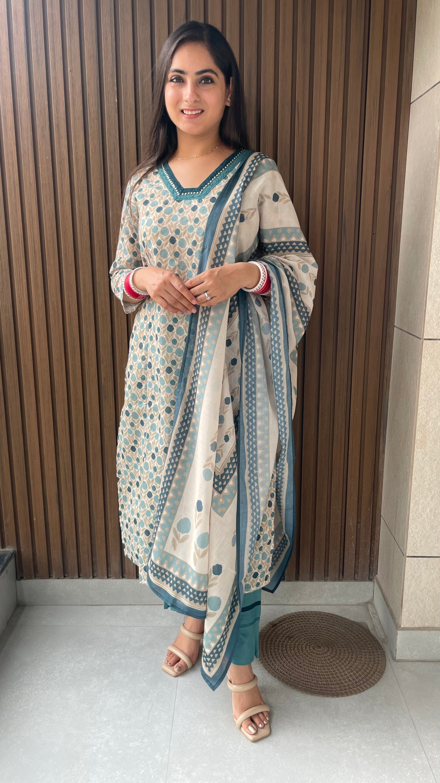 Diya Beige Schiffli Suit