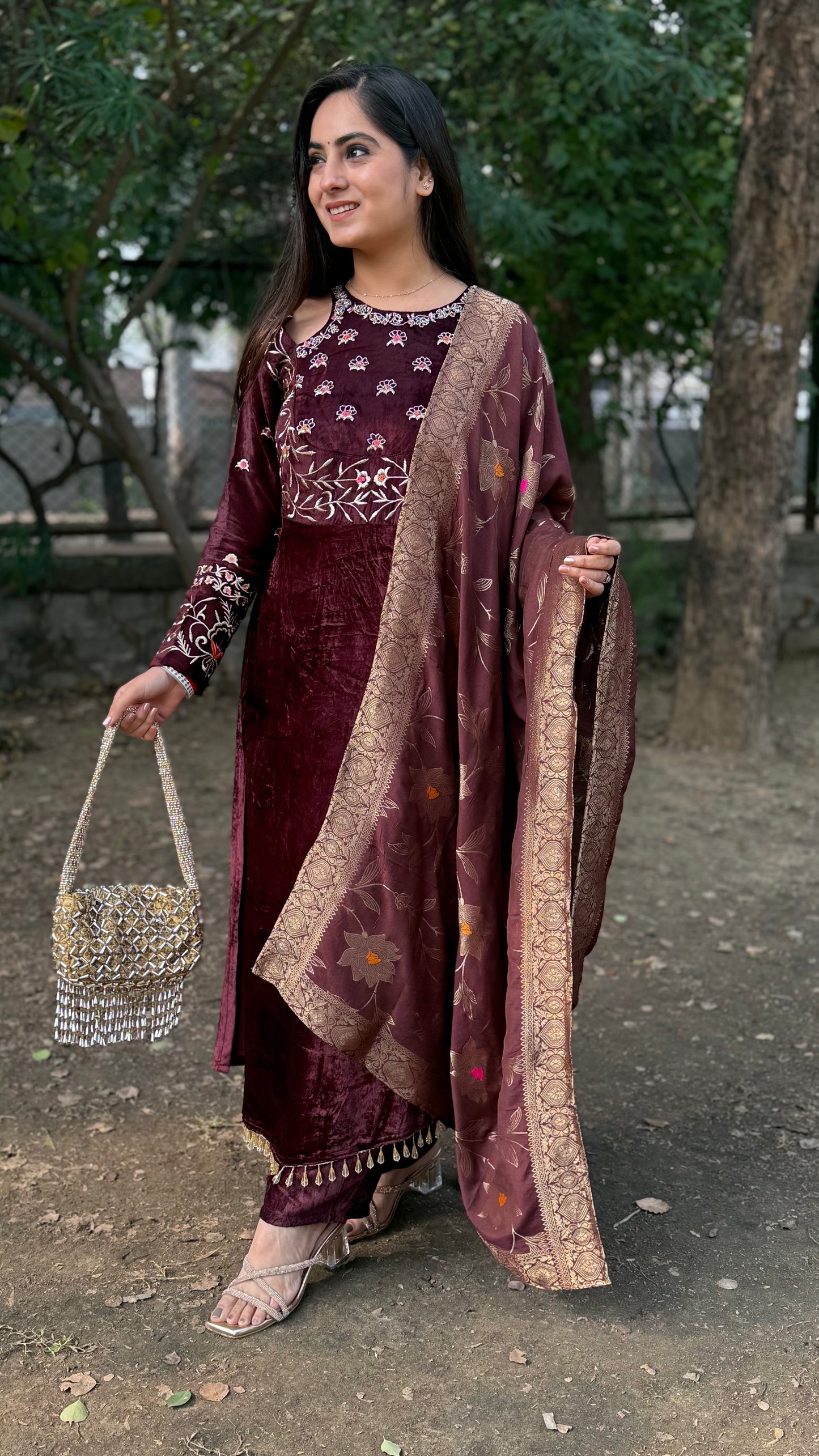 Komal Dark Brown Velvet Suit