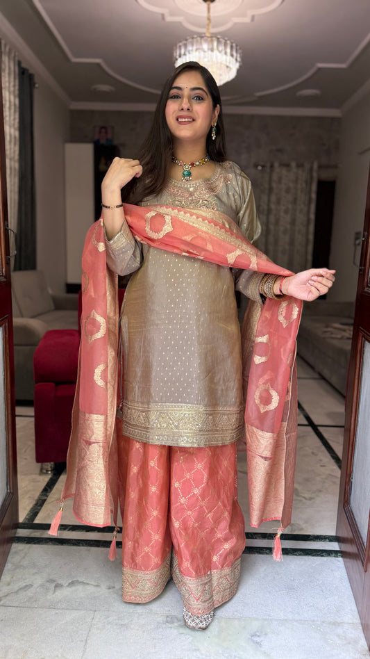 Sneha Grey Peach Embroidered Suit