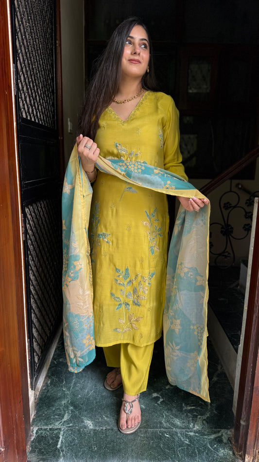 Meera Mustard Mul Chanderi Suit