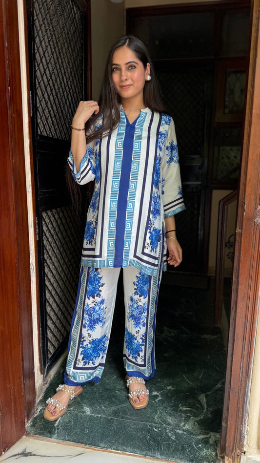 Shivani White Blue Muslin Coord Set