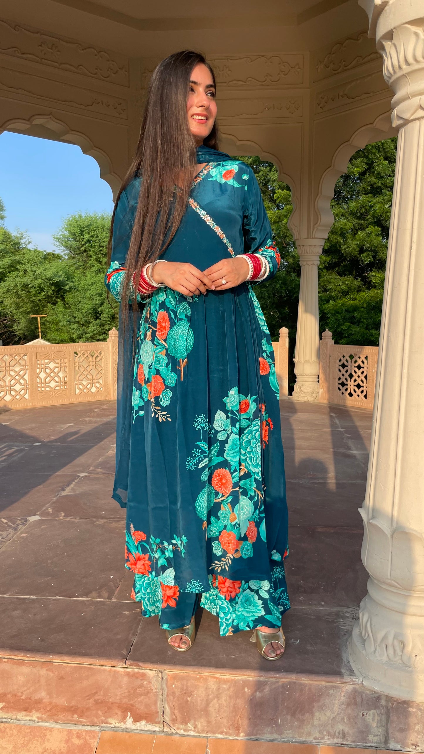 Raha Teal Angrakha Set