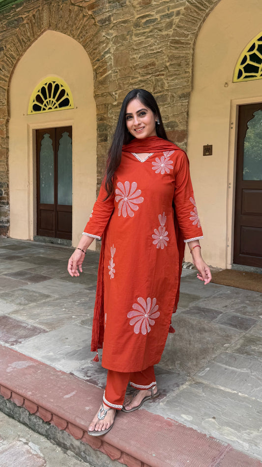 Orange Floral Embroidered Suit Set