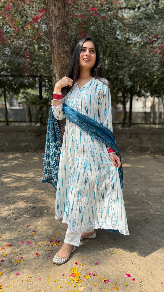 Nikita White Blue Anarkali Suit