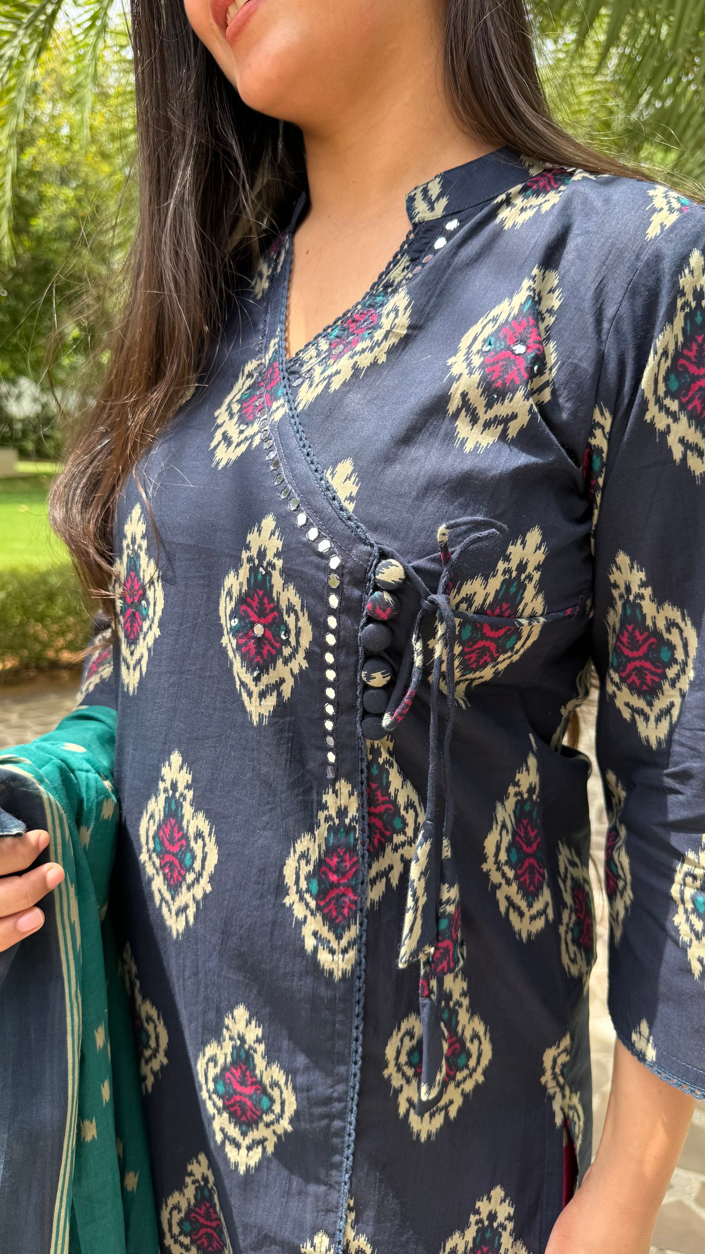 Ikkat Blue Wrap-Style Suit Set