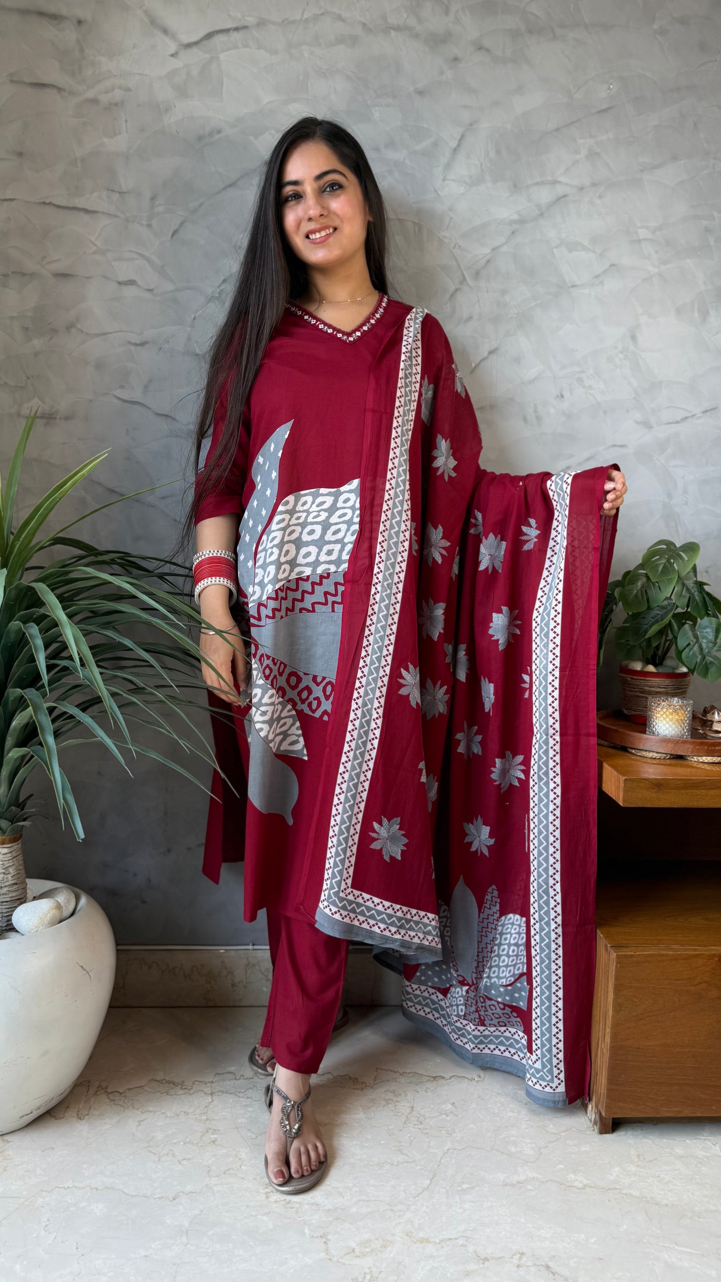 Archana Maroon Grey Printed Suit