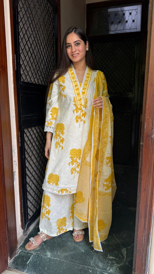 Ruhi Cream Mustard Lace Suit