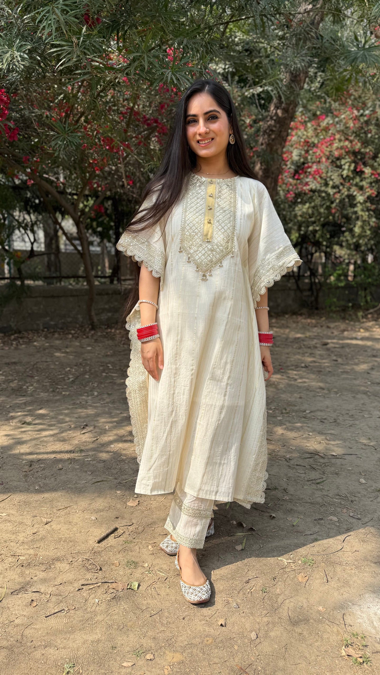 Noor Cream Embroidered Kaftan Set