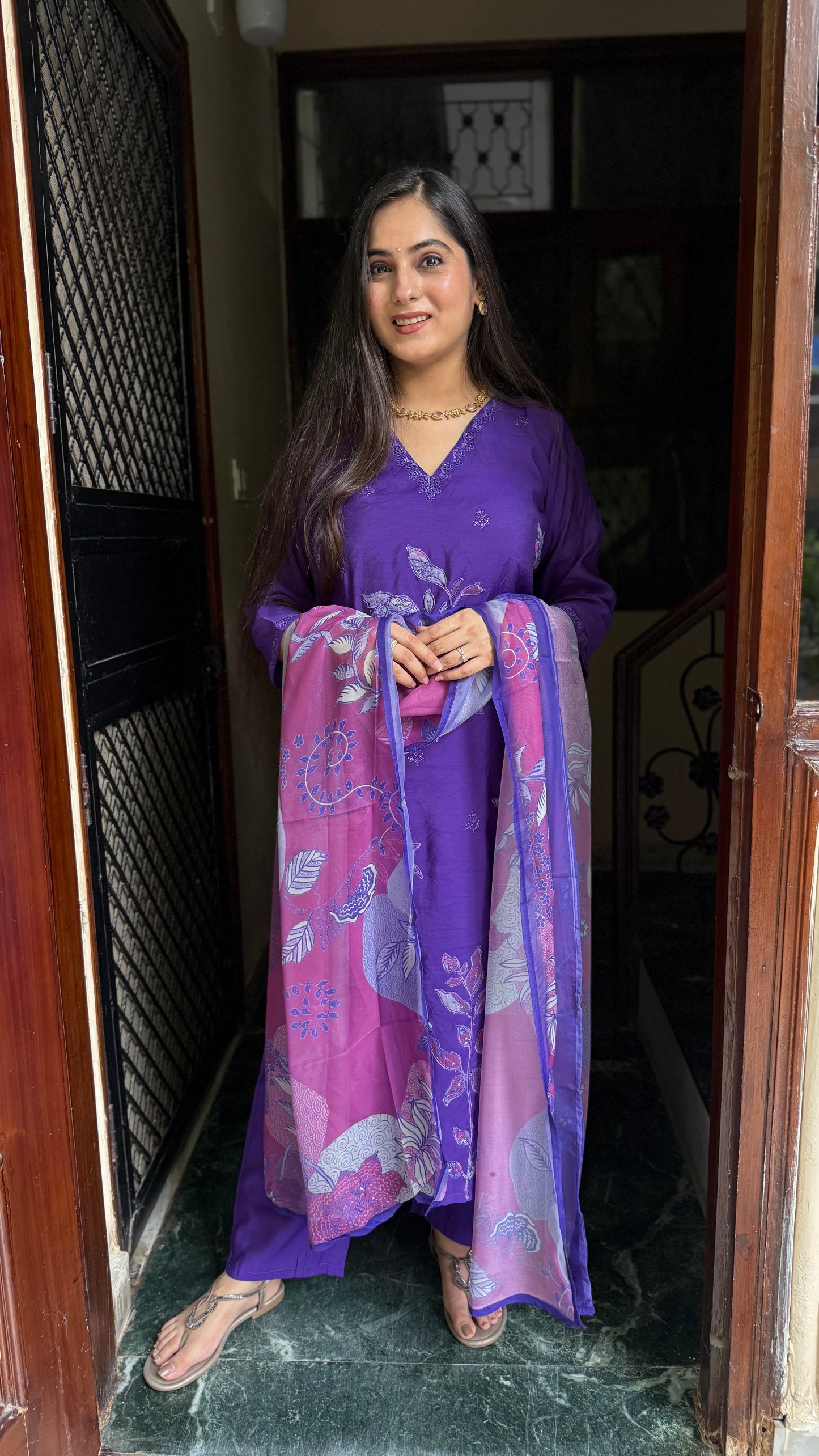 Meera Purple Mul Chanderi Suit