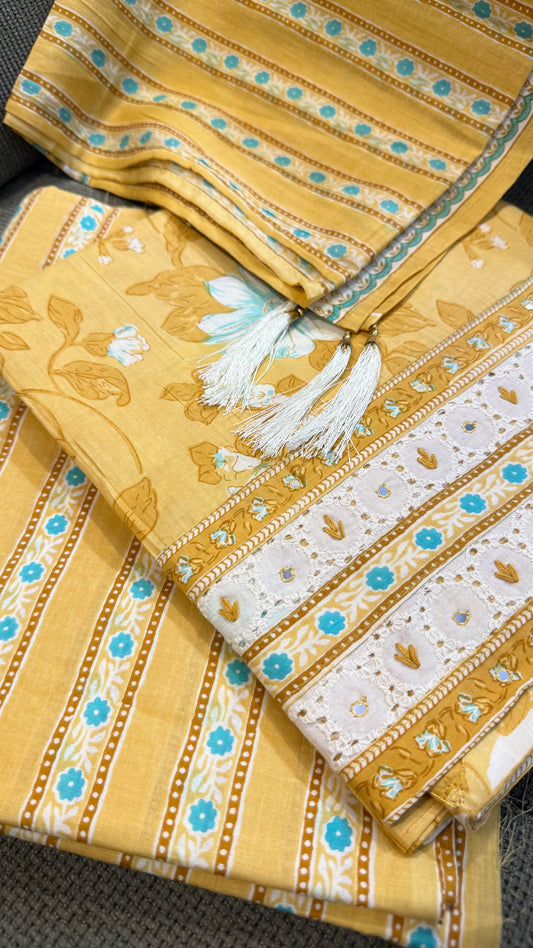 Kiara Yellow Cotton Unstitched Suit