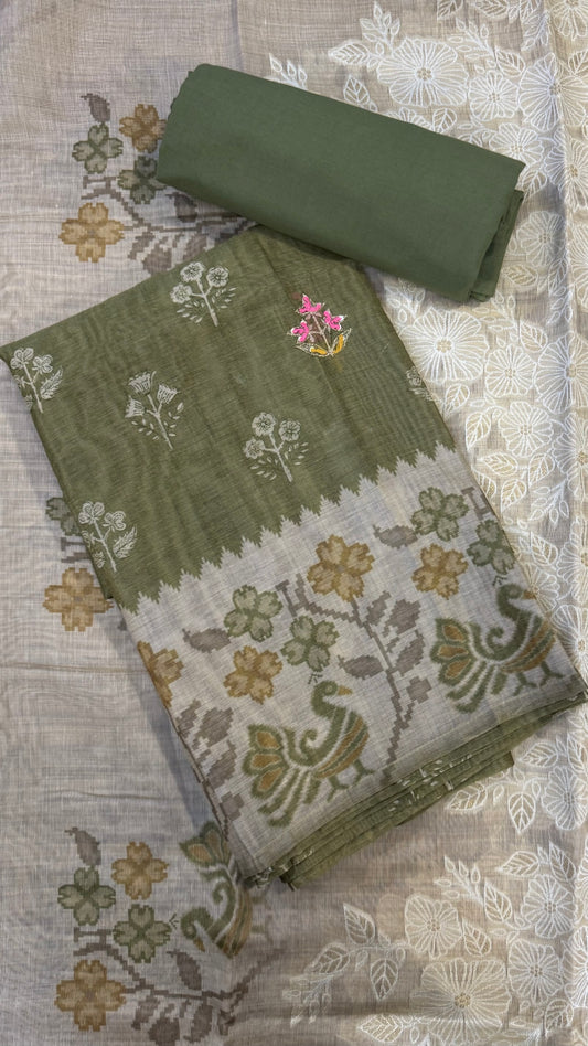 Inaya Olive Green Ikkat Unstitched Suit
