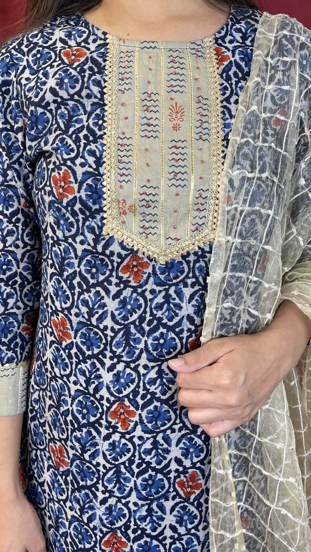 Blue Beige Muslin Suit