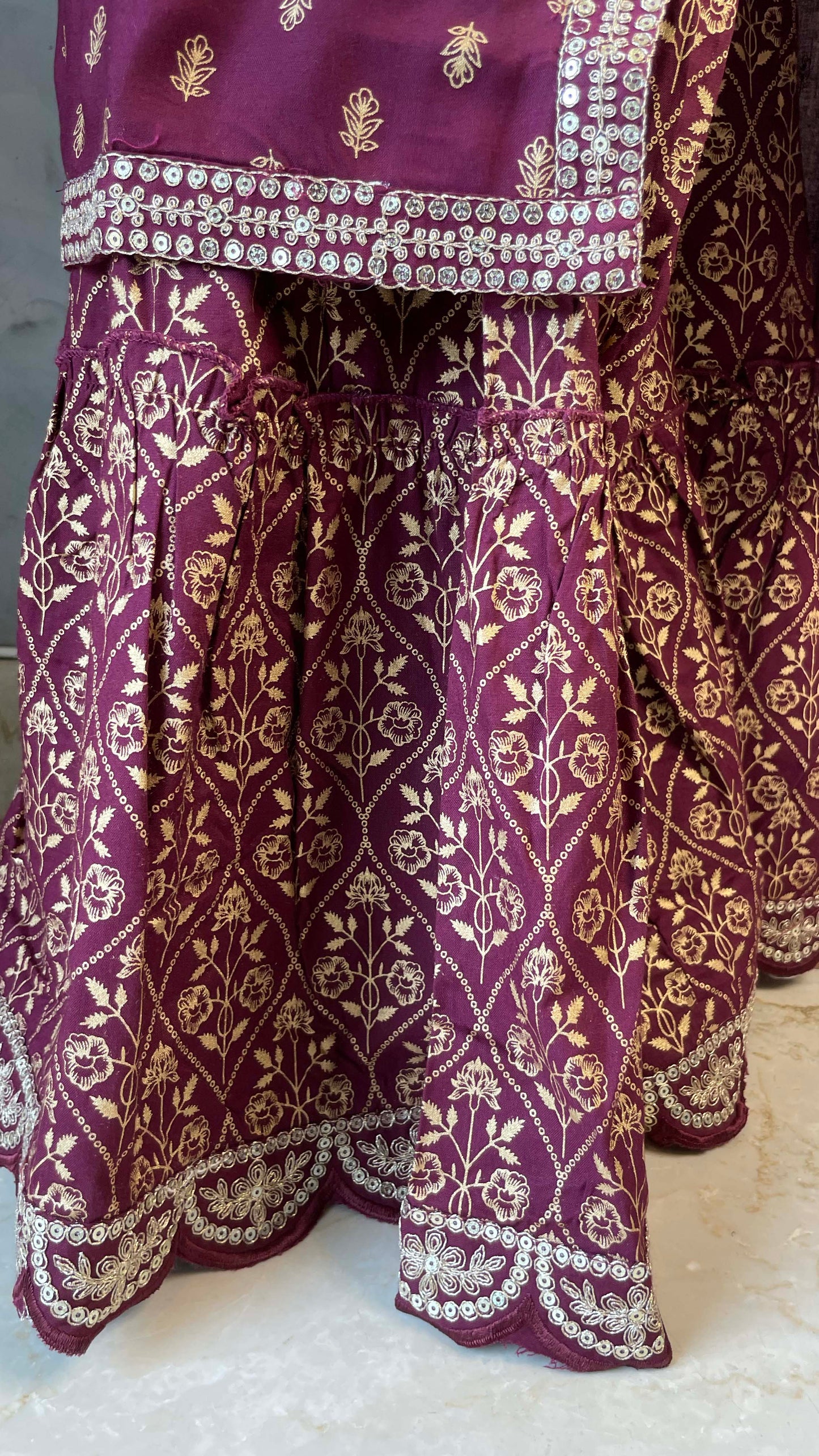 Wine Embroidered Sharara Suit