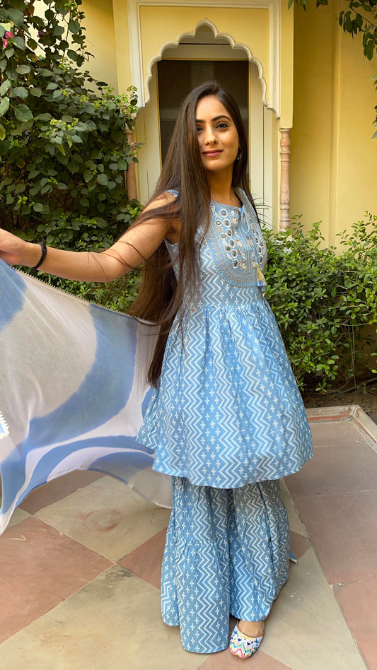 Blue Embroidered Flared Suit