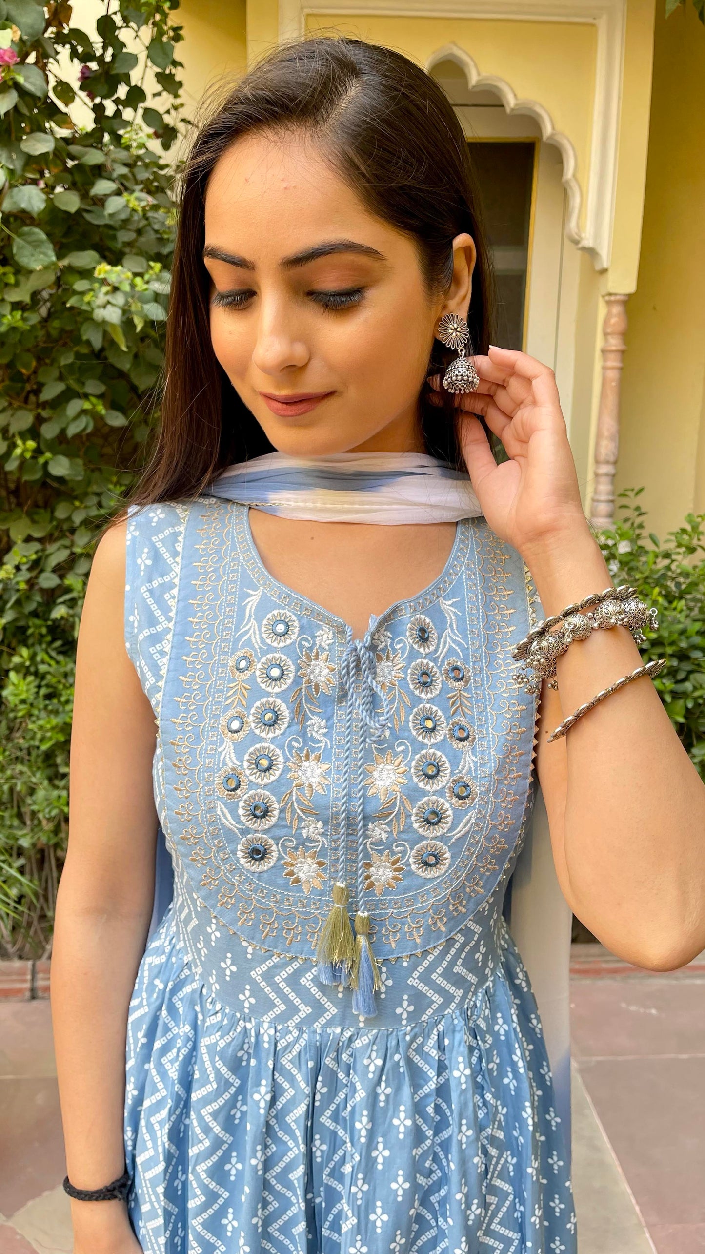 Blue Embroidered Flared Suit