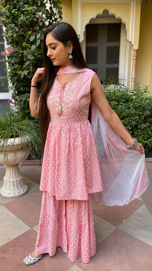 Pink Embroidered Flared Suit