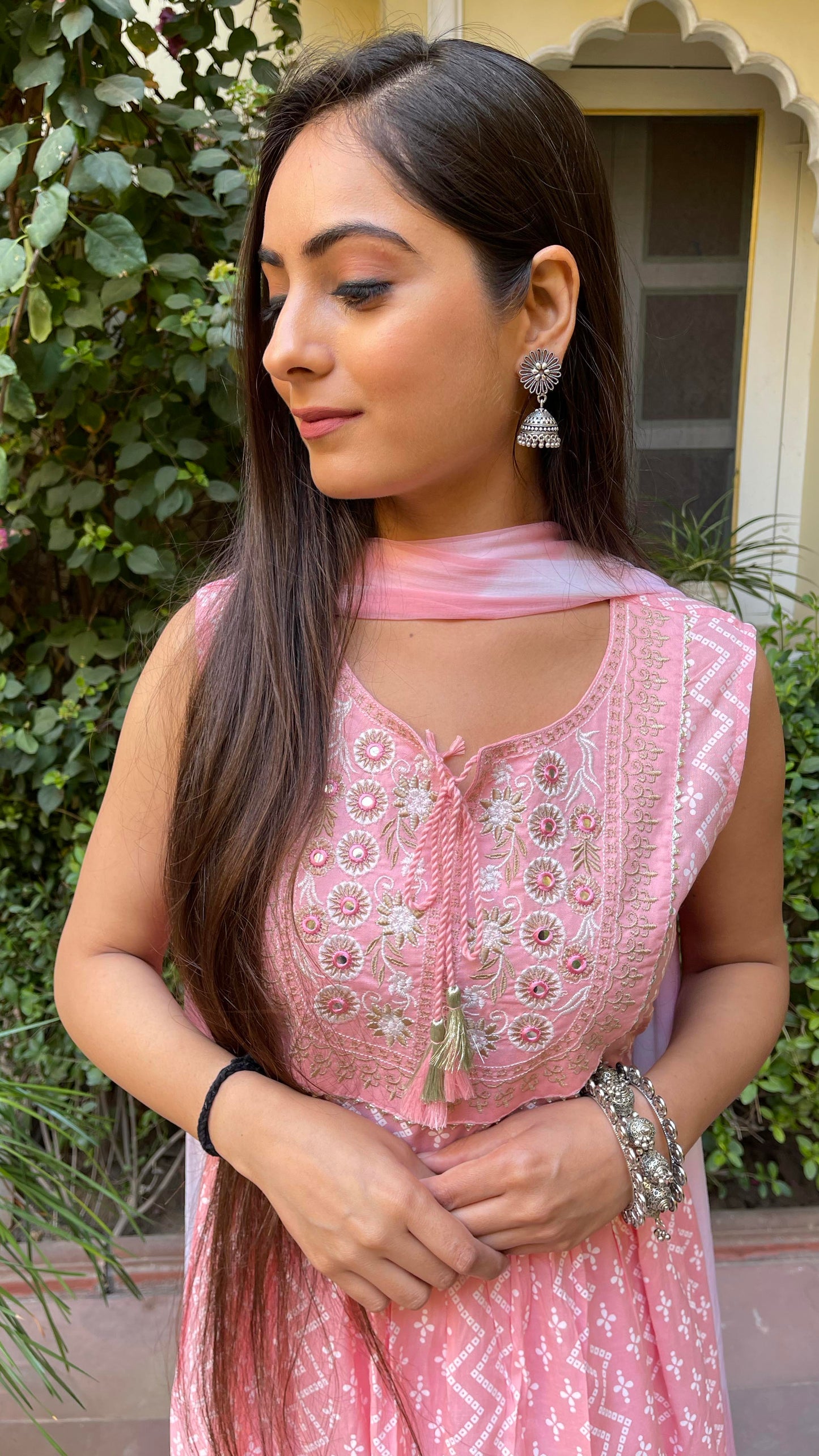 Pink Embroidered Flared Suit